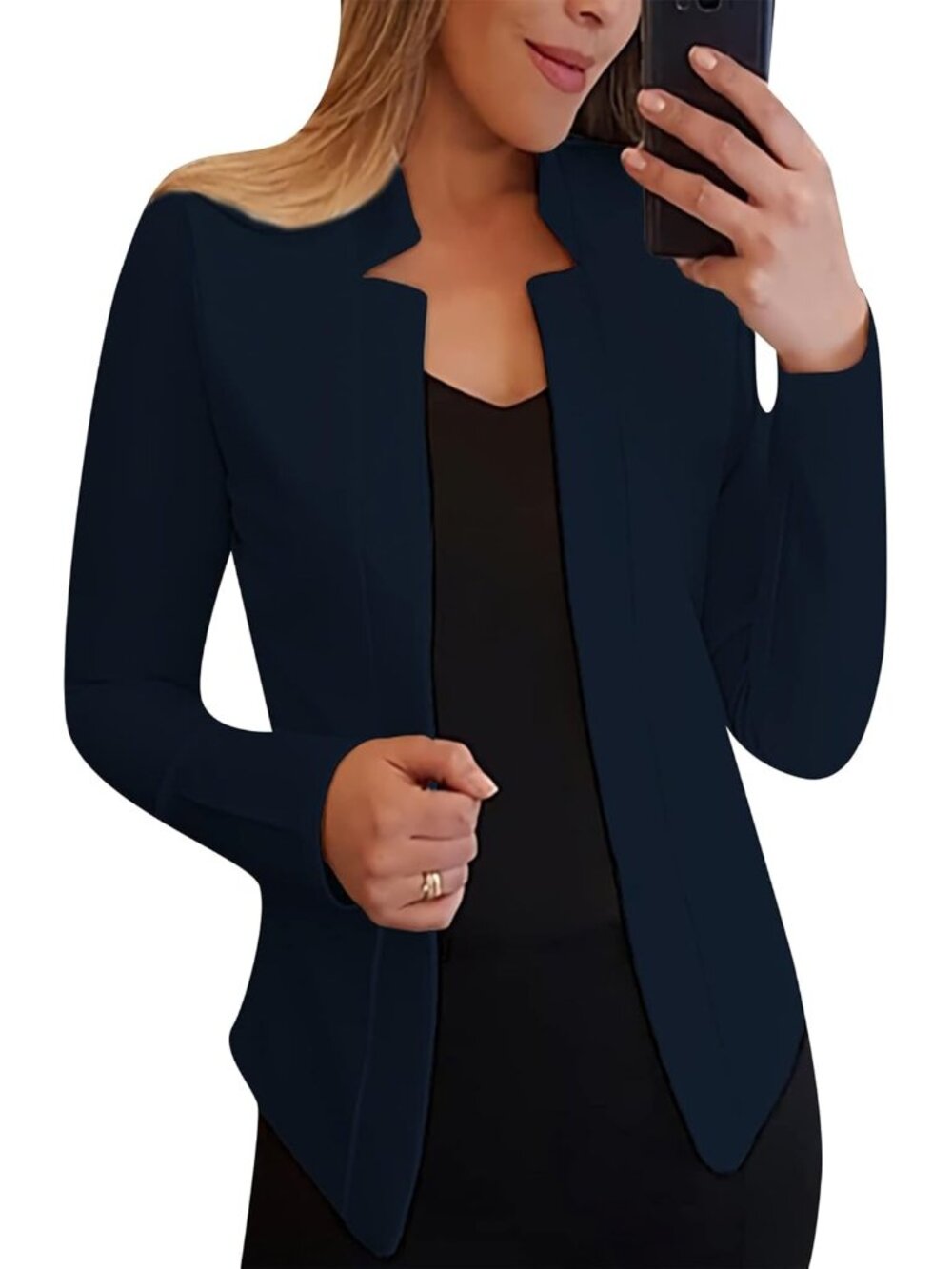 Women's Navy Blue Long Sleeve Notched Lapel Blazer Solid Color Open Front Casual